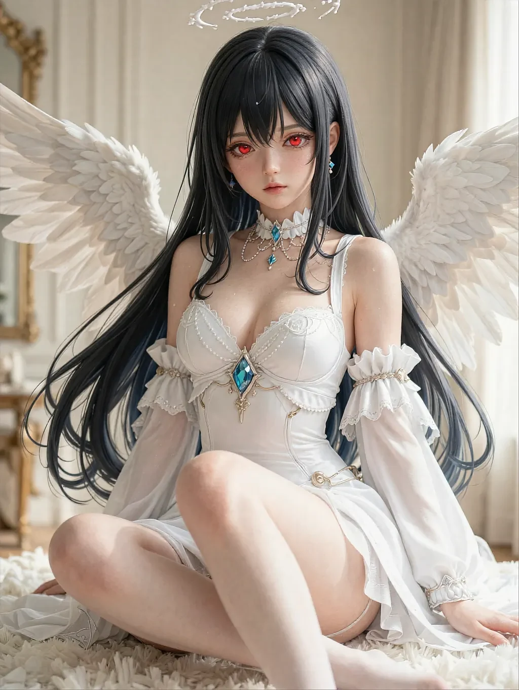 Fictional AI character photographed against a dark window at night